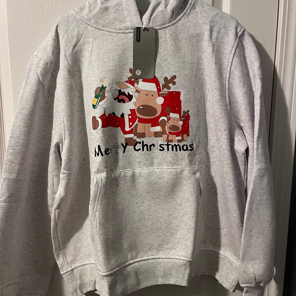 Gray Christmas Sweater with Santa and Reindeer Design